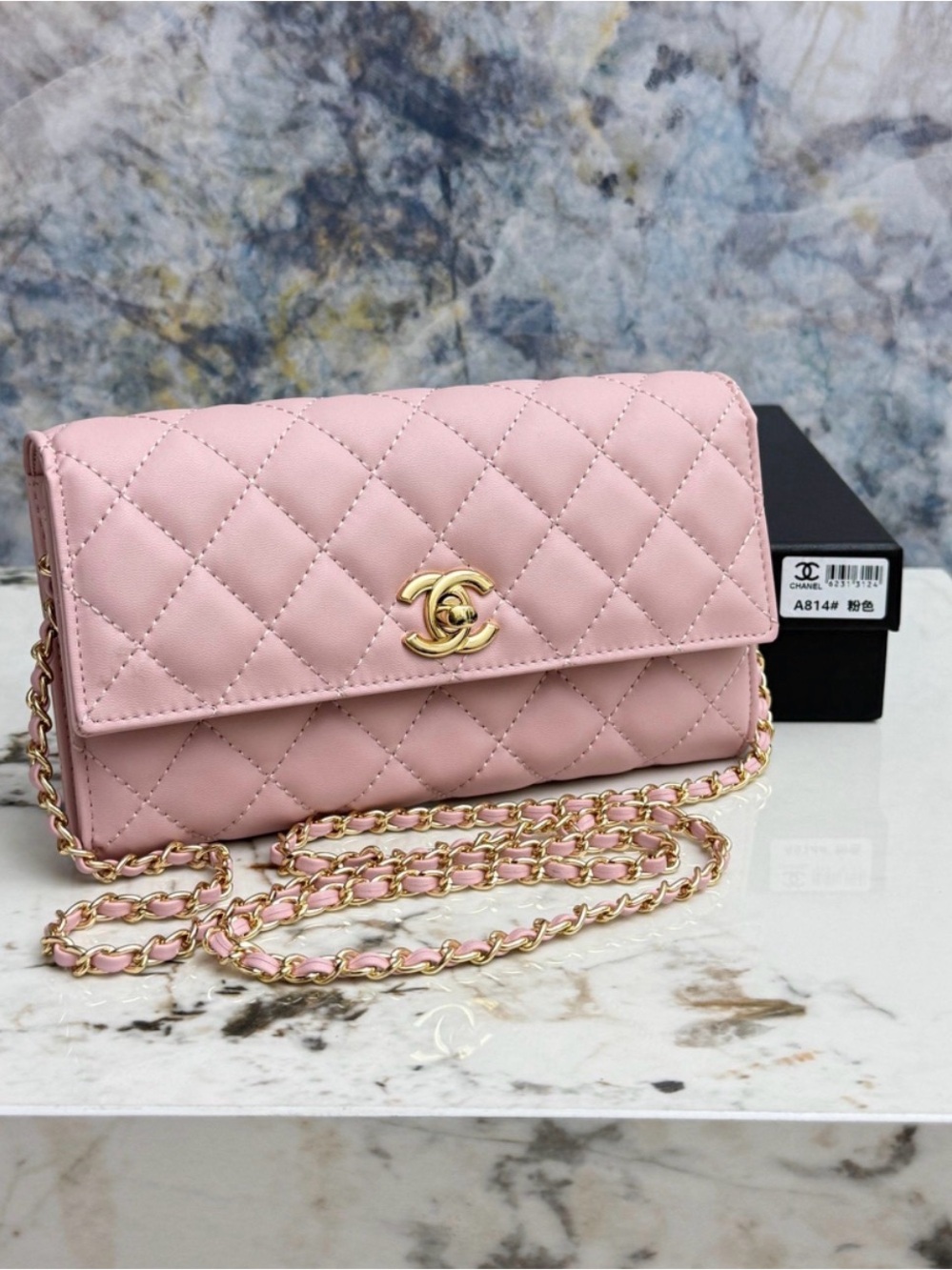 CHANEL Quilted Leather Crossbody Wallet - Light Pink with Gold Hardware